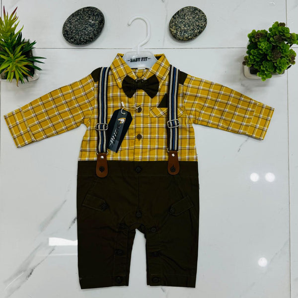 Charming Yellow Plaid Shirt with Brown Suspenders for Baby Boys